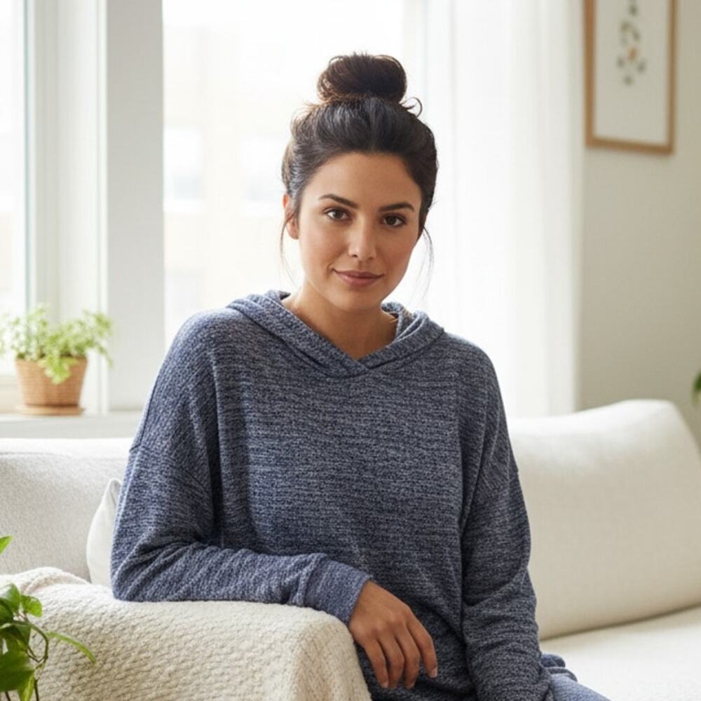 GAP Softspun Hoodie Lounge Top Blue Marled Stretchy Hacci Knit Womens Large